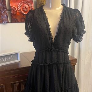 Black Ruffled Swiss Dot V-Neck Women's Dress